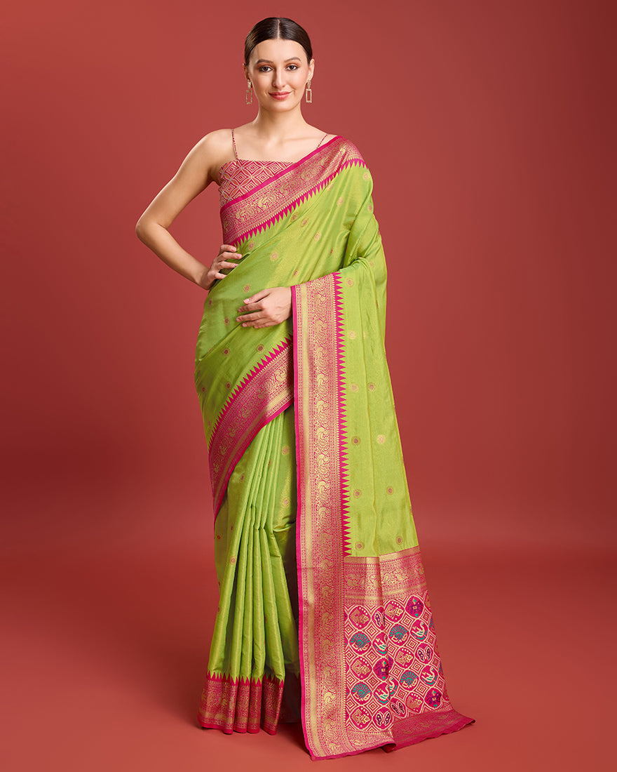Monjolika Fashion Exquisite Designs With This Regal Parrot Green Patola Pallu Banarasi Tissue Silk Saree - Distacart