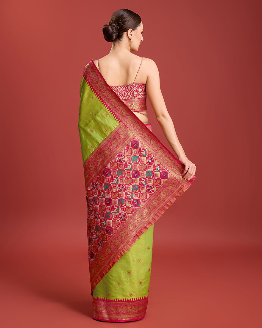 Monjolika Fashion Exquisite Designs With This Regal Parrot Green Patola Pallu Banarasi Tissue Silk Saree - Distacart