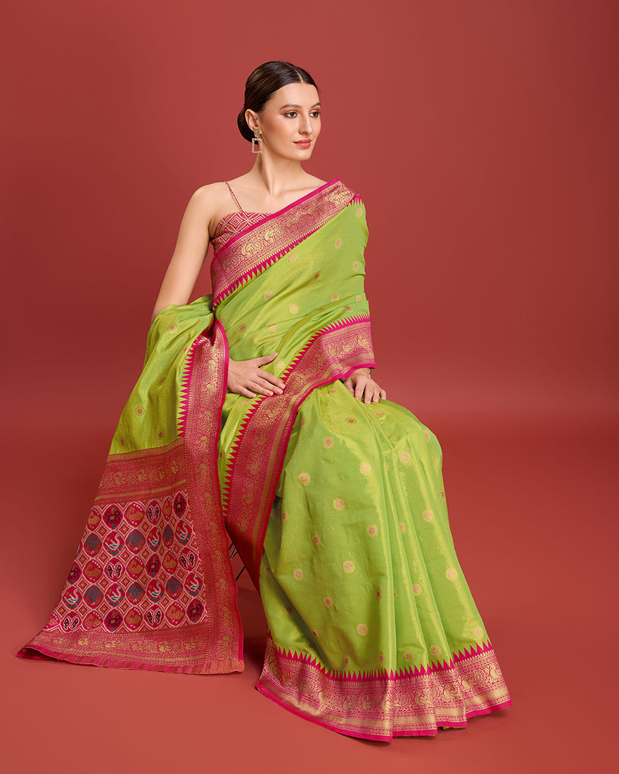 Monjolika Fashion Exquisite Designs With This Regal Parrot Green Patola Pallu Banarasi Tissue Silk Saree - Distacart