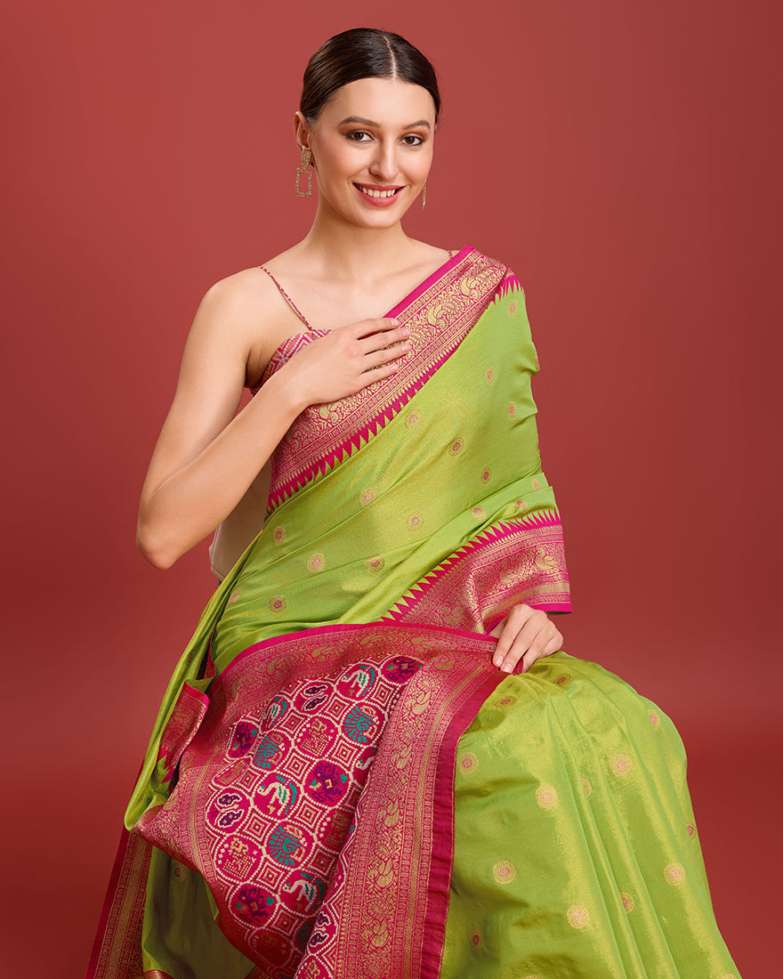 Monjolika Fashion Exquisite Designs With This Regal Parrot Green Patola Pallu Banarasi Tissue Silk Saree - Distacart