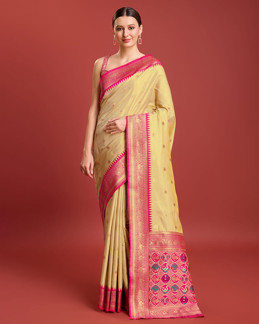 Monjolika Fashion Exquisite Designs With This Regal Beige Patola Pallu Banarasi Tissue Silk Saree - Distacart