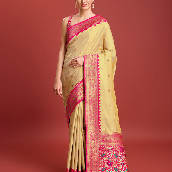 Monjolika Fashion Exquisite Designs With This Regal Beige Patola Pallu Banarasi Tissue Silk Saree - Distacart