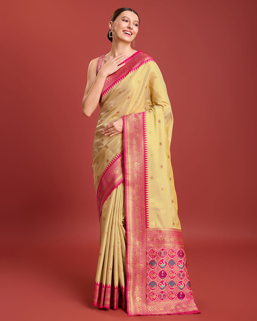 Monjolika Fashion Exquisite Designs With This Regal Beige Patola Pallu Banarasi Tissue Silk Saree - Distacart