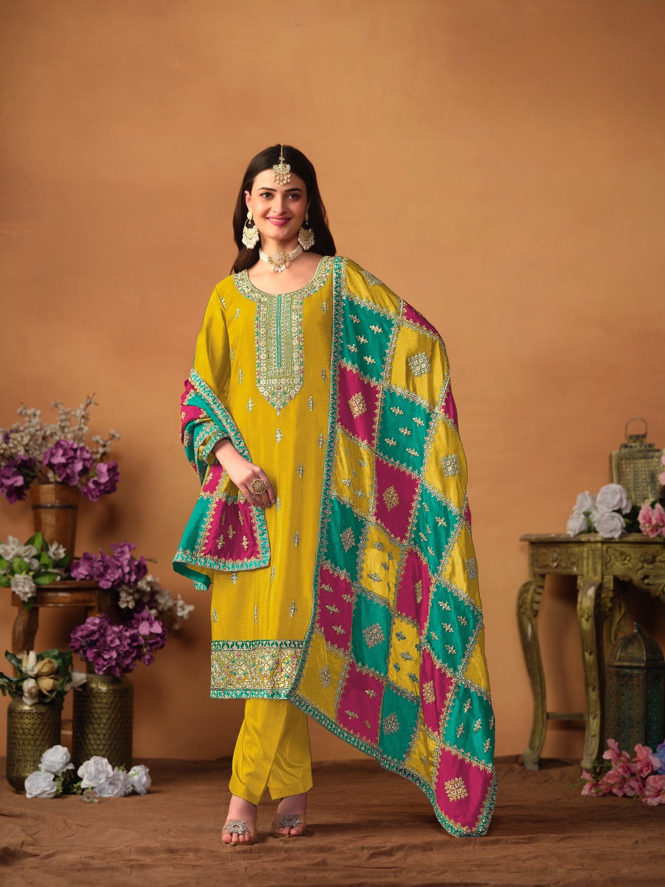Anaita Mustard Embroidered Soft Organza Salwar Suit - Distacart