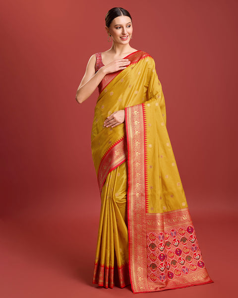 Monjolika Fashion Exquisite Designs With This Regal Mustard Color Patola Pallu Banarasi Tissue Silk Saree - Distacart