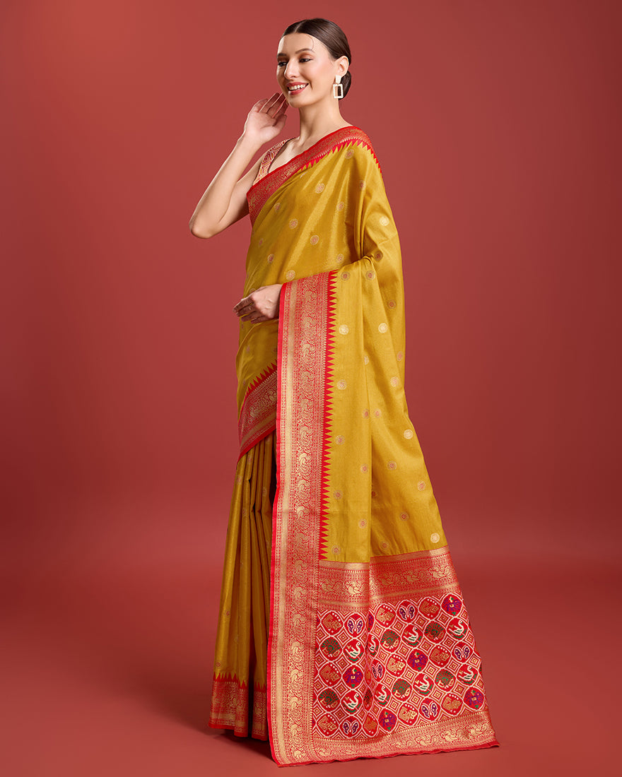 Monjolika Fashion Exquisite Designs With This Regal Mustard Color Patola Pallu Banarasi Tissue Silk Saree - Distacart