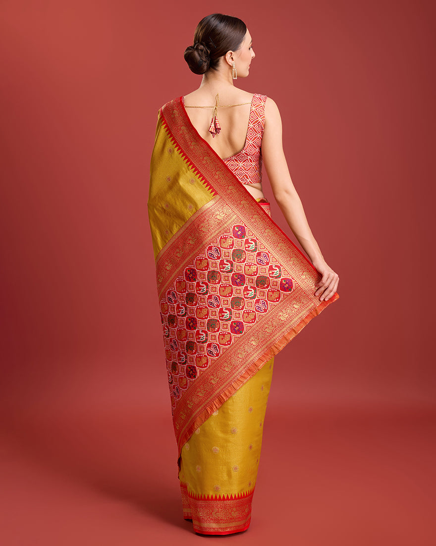 Monjolika Fashion Exquisite Designs With This Regal Mustard Color Patola Pallu Banarasi Tissue Silk Saree - Distacart