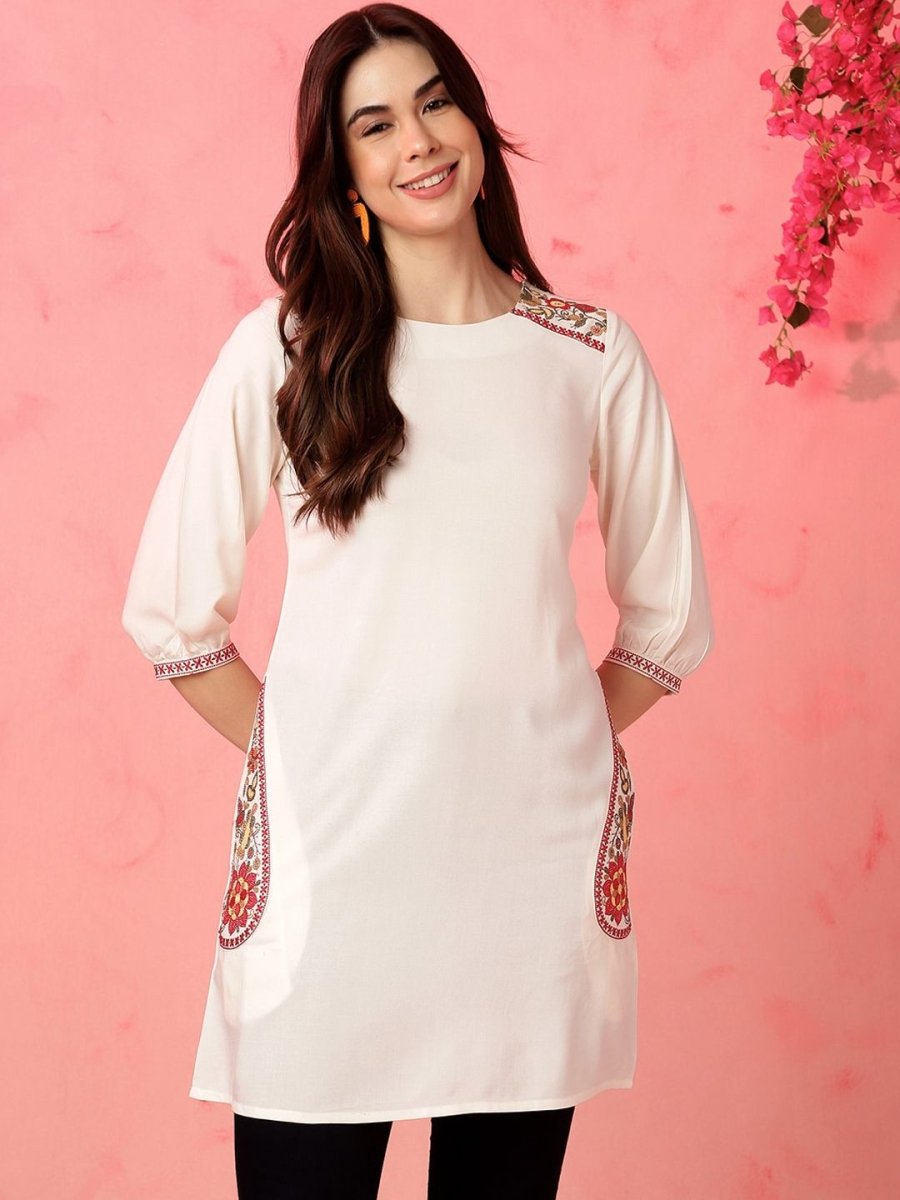 Anouk Zari Round Neck Three-Quarter Sleeves A-Line Kurta - Distacart