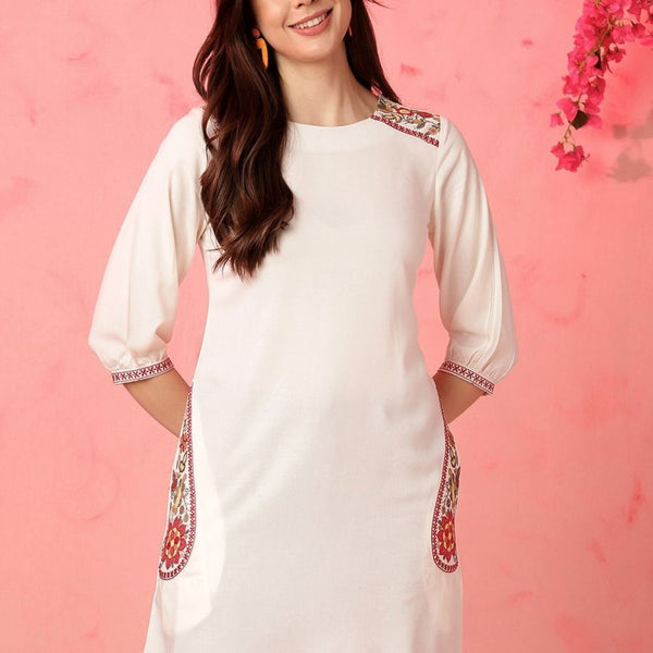 Anouk Zari Round Neck Three-Quarter Sleeves A-Line Kurta - Distacart