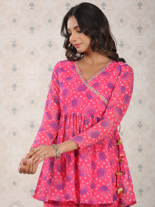 Ode by House of Pataudi Red Bandhani Printed Angrakha A-Line Kurti With Sharara