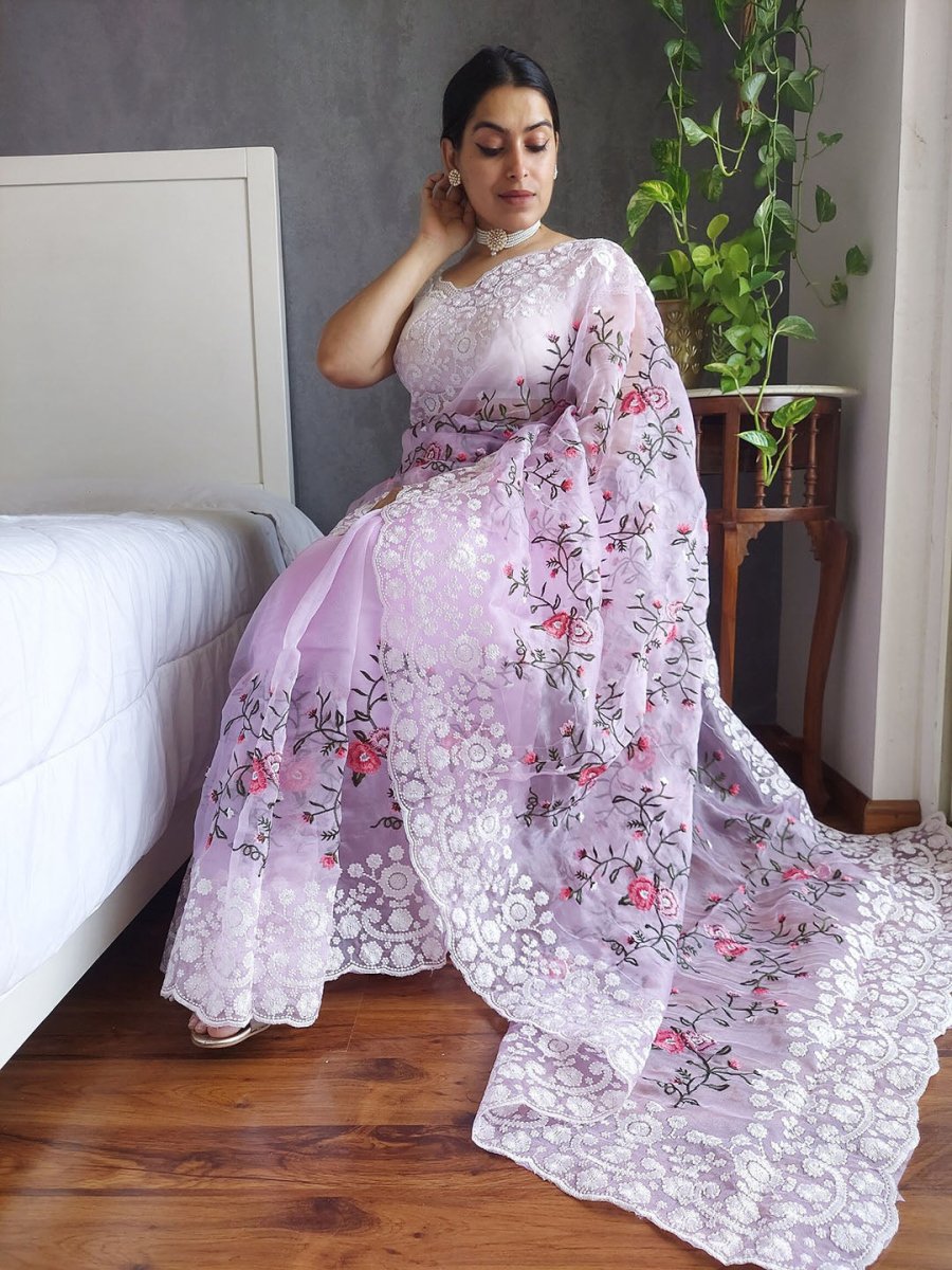 Anouk Lavender Floral Embroidered Organza Saree - Distacart