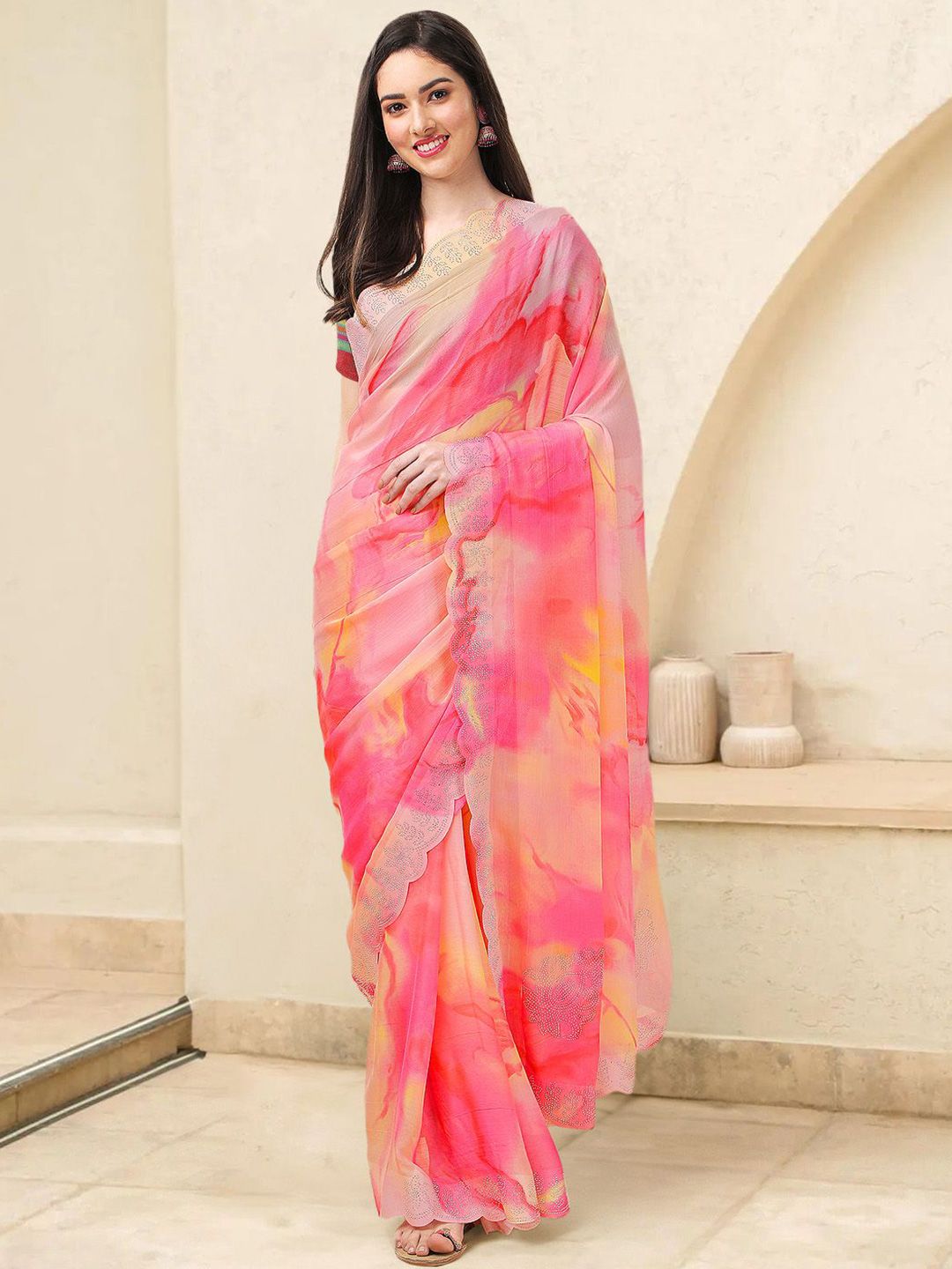 Mitera Tie and Dye Beads and Stones Ready to Wear Saree - Distacart