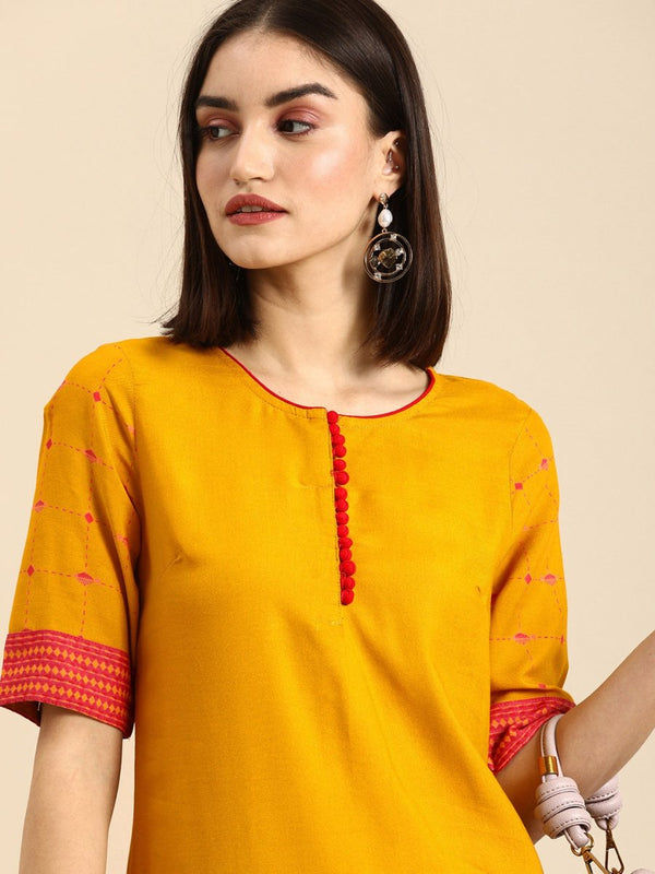 All About You Women Mustard Yellow & Pink Round Neck Regular Kurta with Palazzos - Distacart