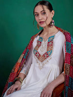 Thumbnail for Sangria Floral Yoke Embroidered Straight Kurta & Trousers With Dupatta