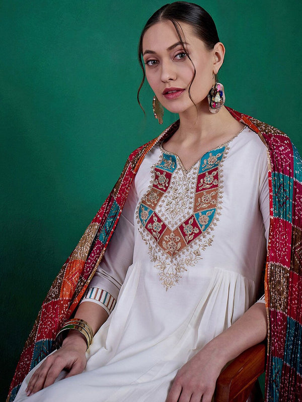 Sangria Floral Yoke Embroidered Straight Kurta & Trousers With Dupatta