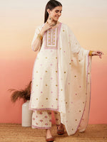 Thumbnail for Sangria Floral Embroidered Pure Cotton Straight Kurta With Palazzo & Dupatta