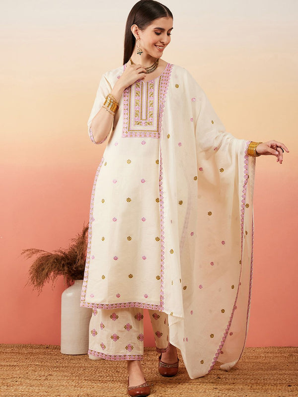Sangria Floral Embroidered Pure Cotton Straight Kurta With Palazzo & Dupatta