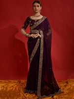 Thumbnail for Anouk Purple & Gold-Toned Embellished Embroidered Pure Georgette Saree - Distacart