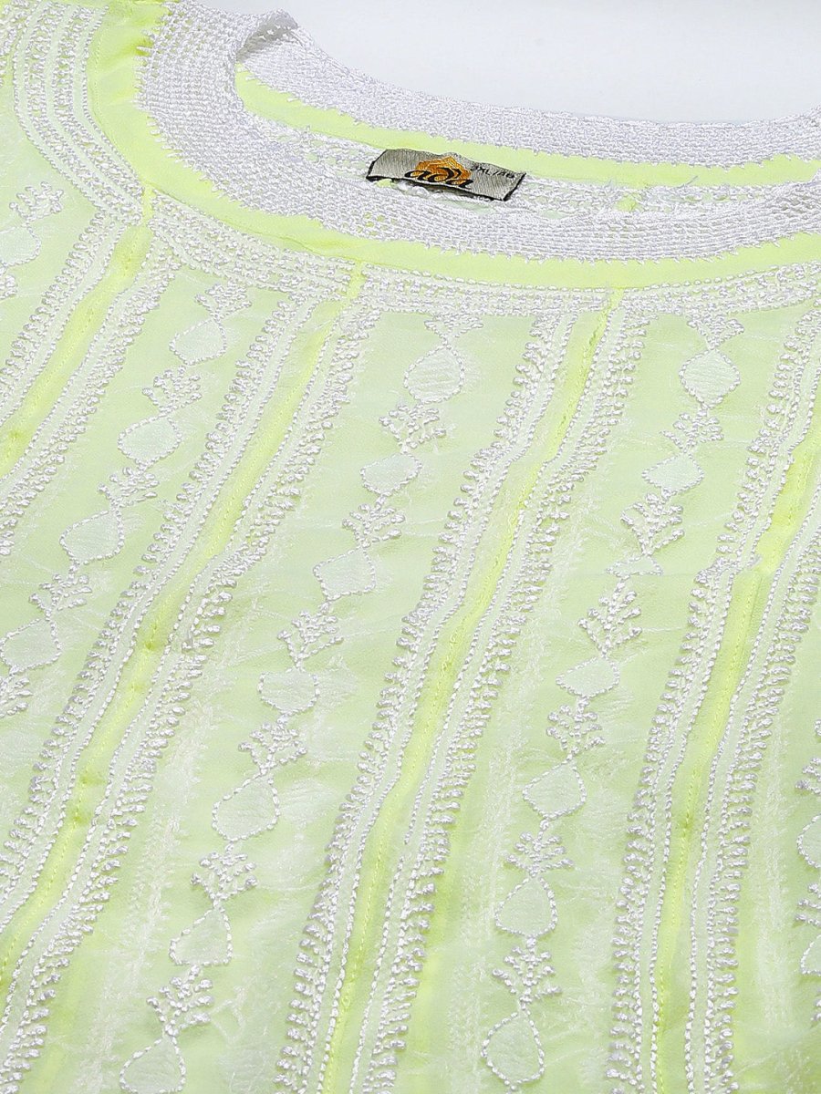 ADA Women Lime Green & White Ethnic Motifs Plus Size Chikankari Georgette Anarkali Kurta - Distacart