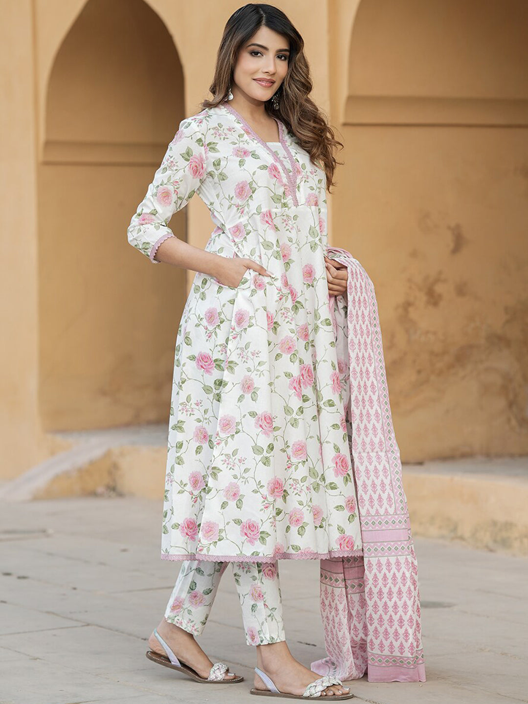 Kalini Women Floral Printed Regular Thread Work Pure Cotton Kurta with Trousers & Dupatta - Distacart