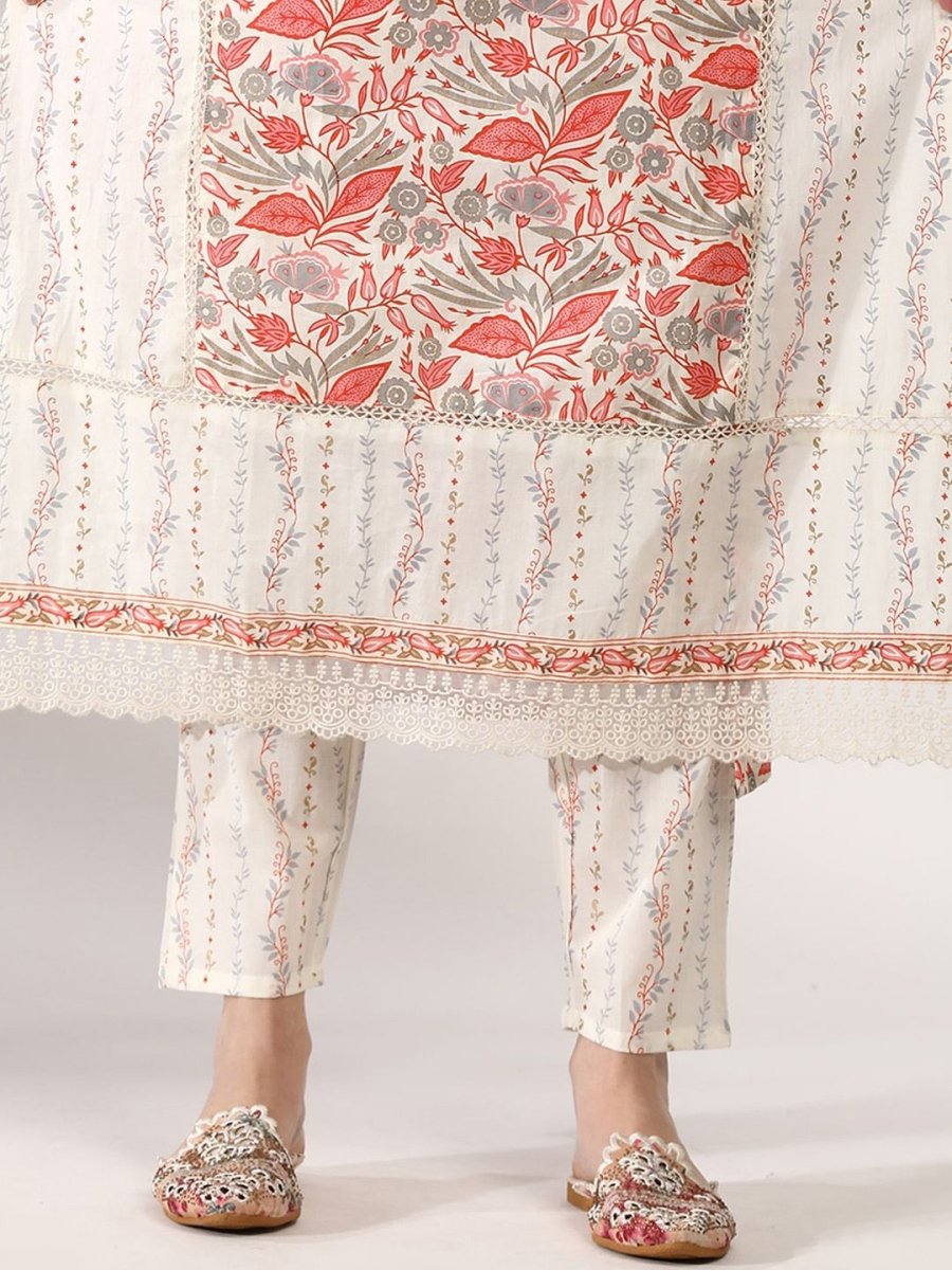 Anouk Floral Printed Regular Thread Work Pure Cotton Kurta With Trousers & Dupatta