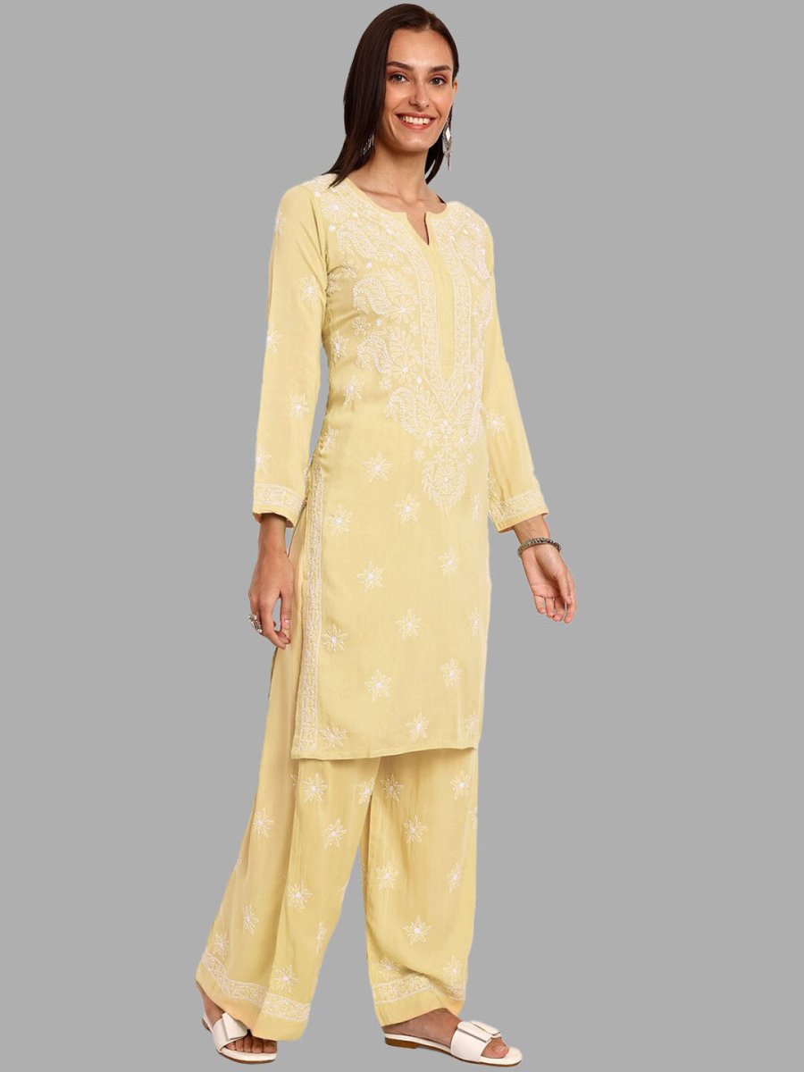 ADA Ethnic Motifs Embroidered Chikankari Straight Kurta with Palazzos - Distacart