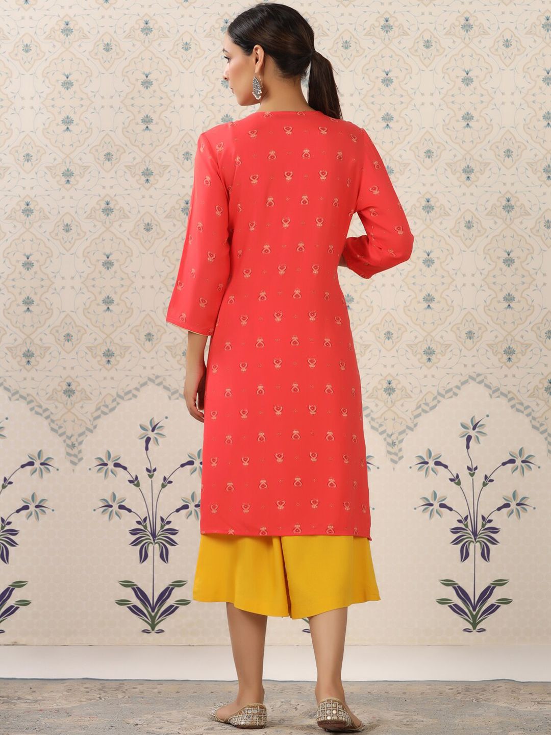 Ode by House of Pataudi Red & Yellow Ethnic Motif Printed Notched Neck Kurta With Palazzos - Distacart