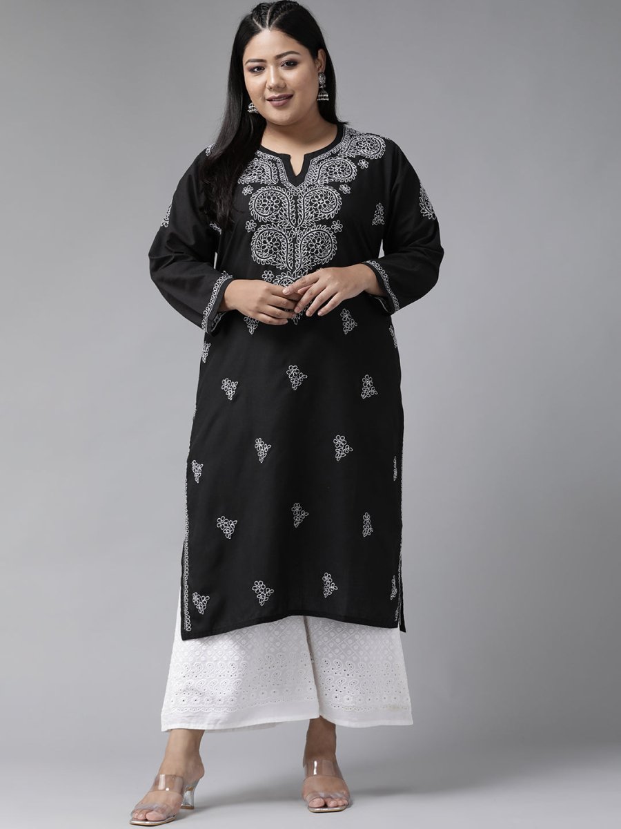ADA Women Plus Size Black & White Chikankari Hand Embroidered Sustainable Straight Kurta - Distacart