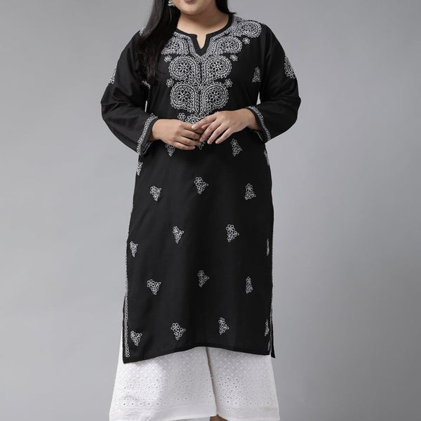 ADA Women Plus Size Black & White Chikankari Hand Embroidered Sustainable Straight Kurta - Distacart