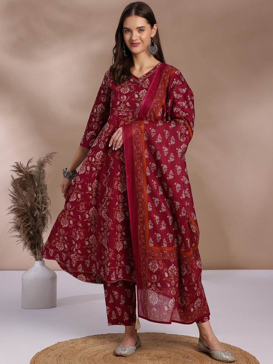 Anouk Maroon Printed Beaded Angrakha Anarkali Pure Cotton Kurta with Trousers & Dupatta - Distacart