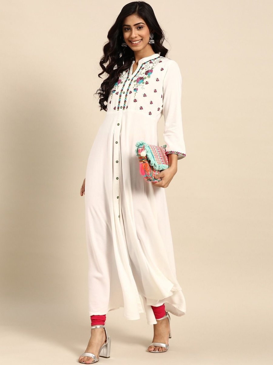Anouk White Floral Yoke Design Mandarin Collar Mirror Work Cotton A-Line Kurta
