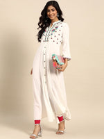 Thumbnail for Anouk White Floral Yoke Design Mandarin Collar Mirror Work Cotton A-Line Kurta