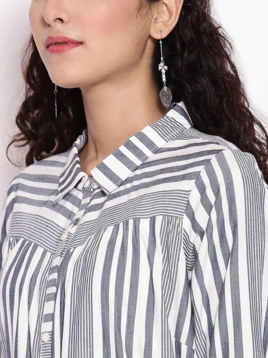 AURELIA Blue & White Striped Shirt Midi Dress With Waist Tie Up - Distacart