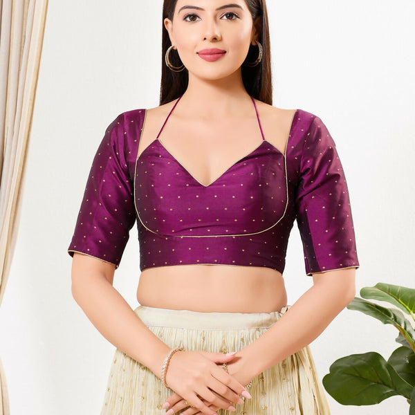 Joban Fashion Purple Brocade Padded Blouse With Sweetheart Neck Elbow Sleeves - Distacart