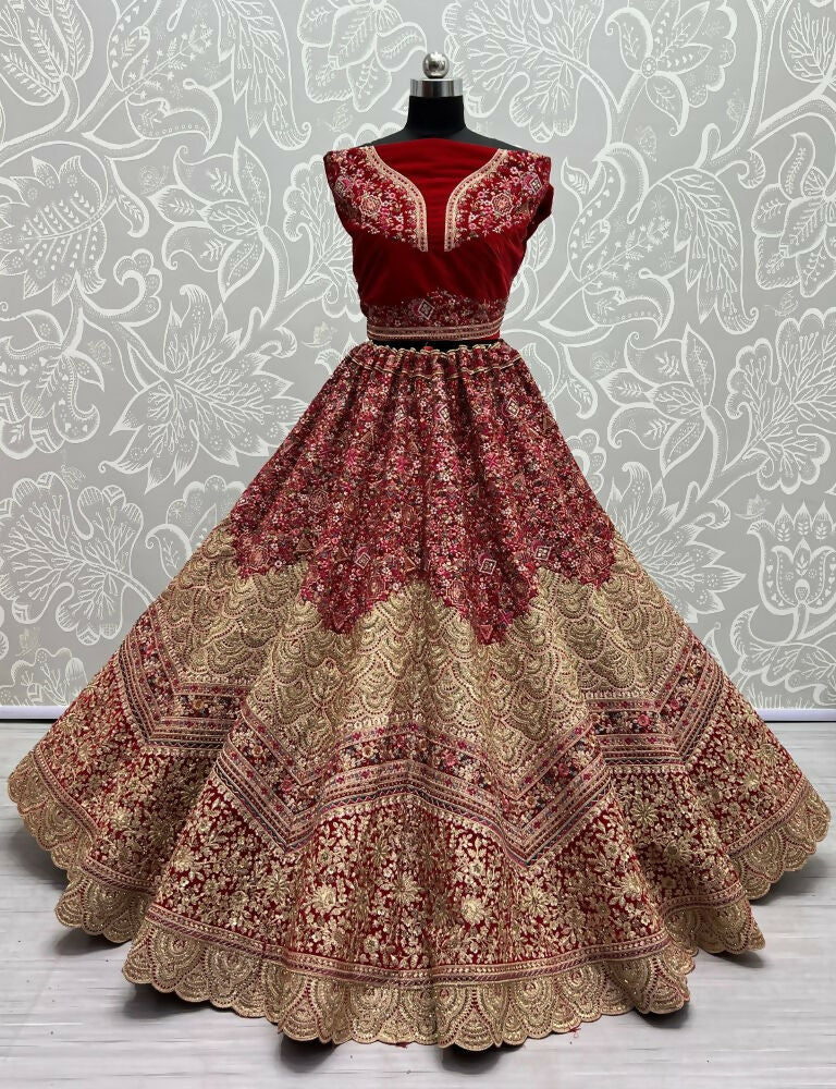 Jyoti Fashion Women's Red Velvet Fancy Dori & Sequins Multi Thread Embroidered with Diamond Work Wedding Lehenga Choli - Distacart
