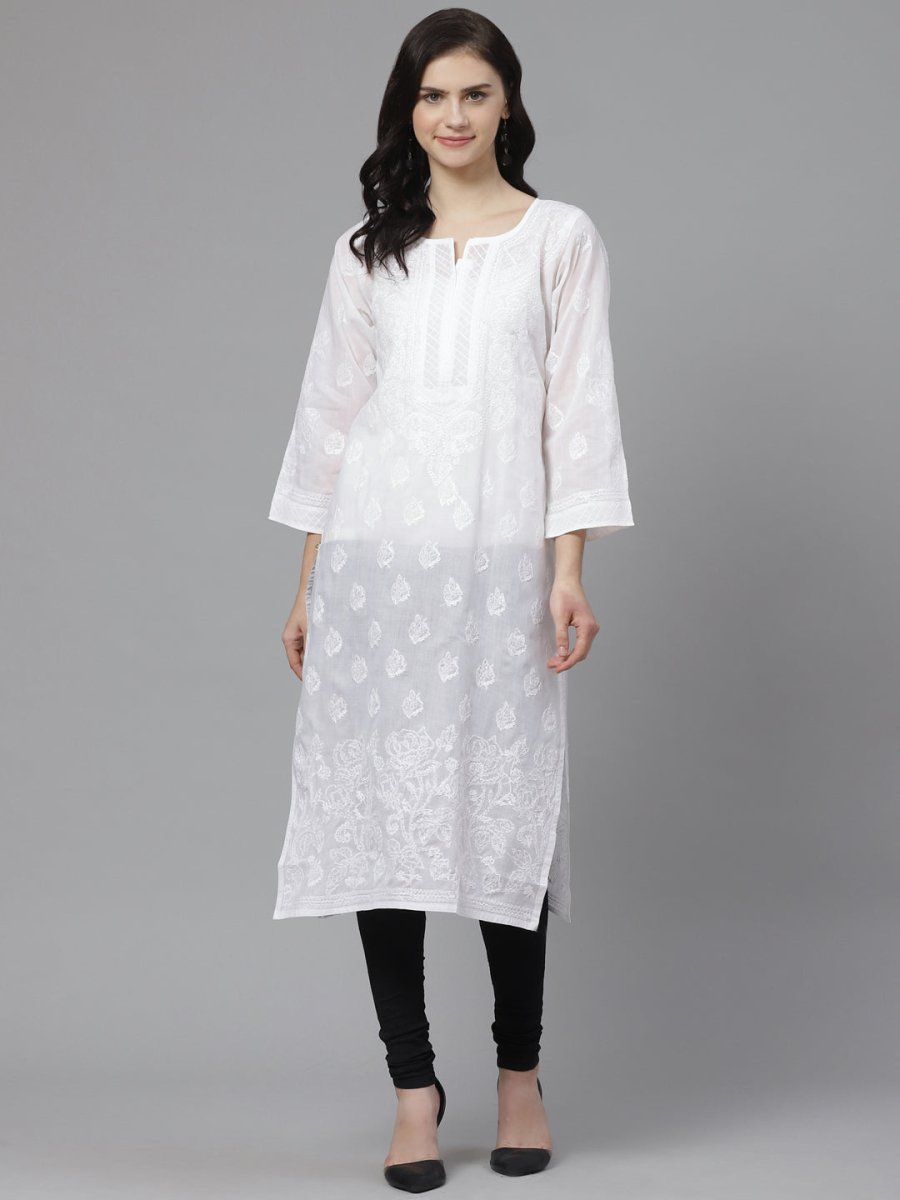 ADA Women White & Black Chikankari Embroidered Semi-Sheer Sustainable Handloom Kurta with Churidar - Distacart
