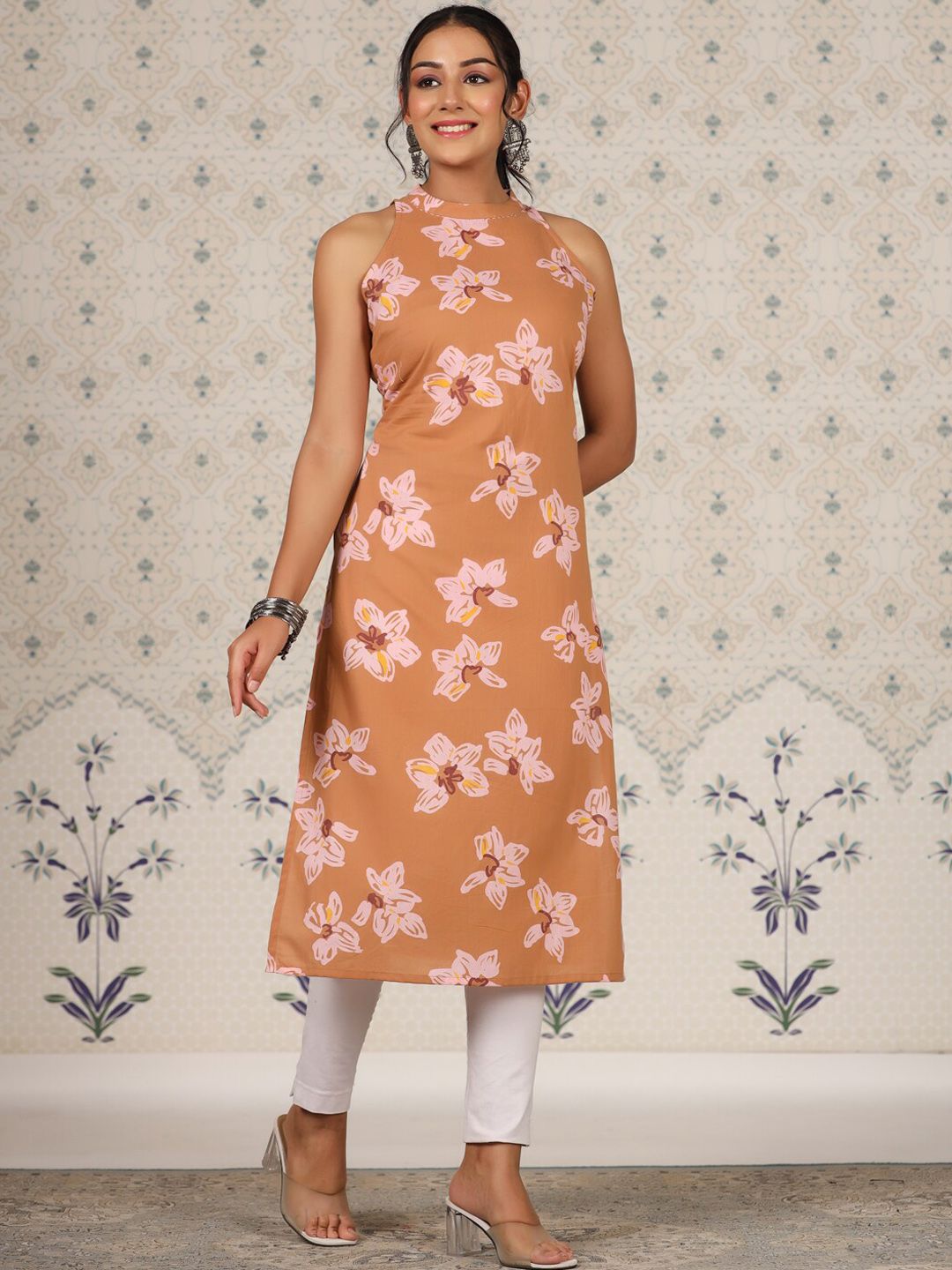 Ode by House of Pataudi Floral Printed Sleeveless Pure Cotton Straight Kurta - Distacart