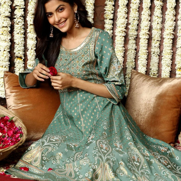 AURELIA Green & Gold-Toned Ethnic Motifs Printed A-Line Midi Dress - Distacart