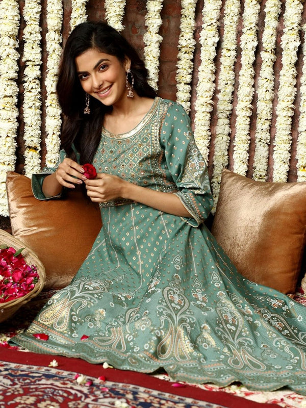 Buy AURELIA Green & Gold-Toned Ethnic Motifs Printed A-Line Midi Dress Online At Low Price Buy AURELIA Green & Gold-Toned Ethnic Motifs Printed A-Line Midi Dress Online At Low Price