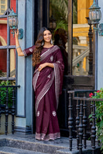 Thumbnail for Vastranavya Wine Embroidery Work Shimmer Chiffon Saree with Unstitched Blouse