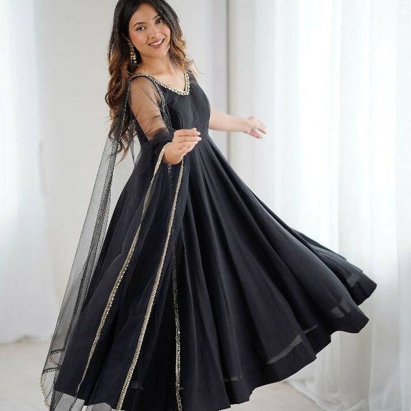 Joban Fashion Black Kurta Set Chanderi Sequence Embroidery Work