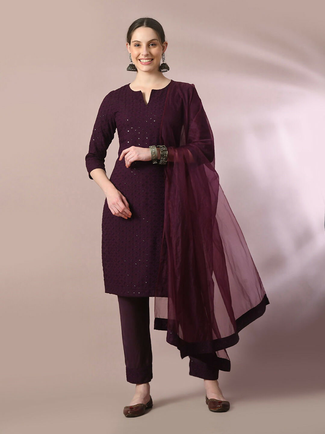 Myshka Women's Magenta Embroidered Cotton Straight Party Kurta Set With Dupatta - Distacart