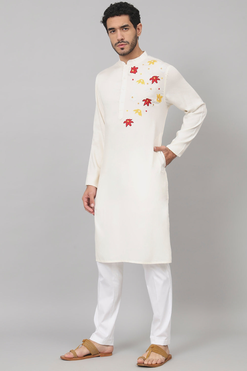 Cotton Kurta With Floral Embroidery Patch Embellishment by Hilo Design - Distacart