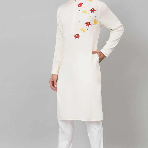Cotton Kurta With Floral Embroidery Patch Embellishment by Hilo Design - Distacart