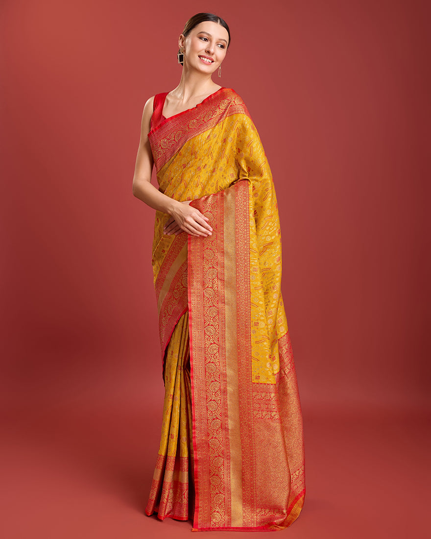 Monjolika Fashion Glamour And Tradition With This Mustard Color Zari Woven Banarasi Tissue Silk Saree - Distacart