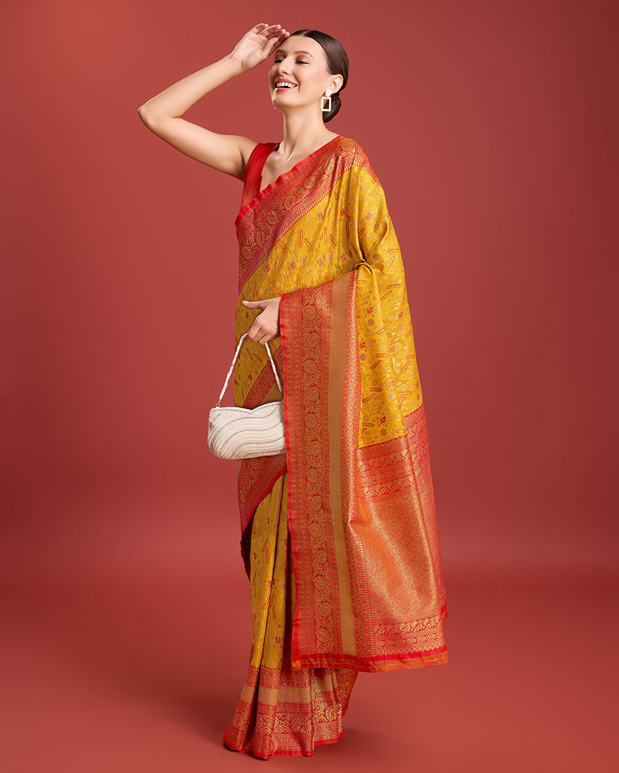Monjolika Fashion Glamour And Tradition With This Mustard Color Zari Woven Banarasi Tissue Silk Saree - Distacart