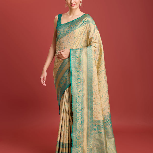 Monjolika Fashion Glamour And Tradition With This Beige Color Zari Woven Banarasi Tissue Silk Saree - Distacart
