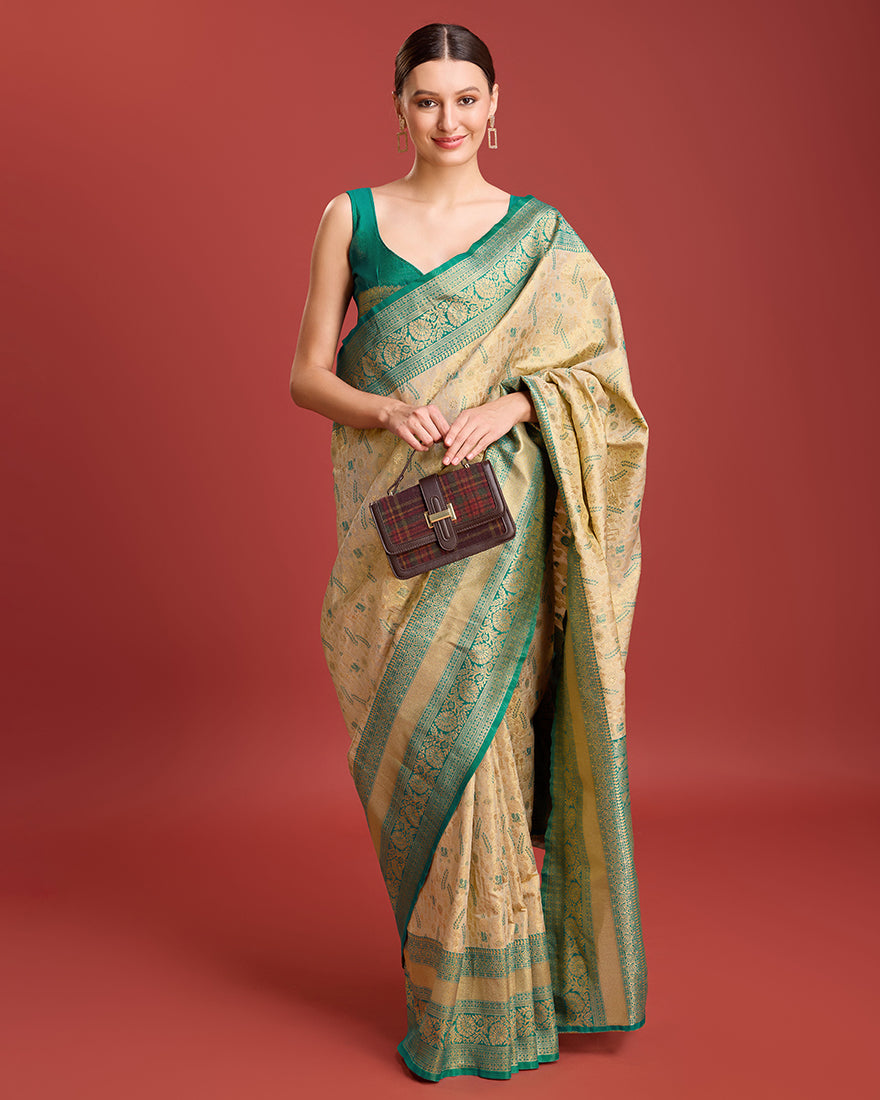 Monjolika Fashion Glamour And Tradition With This Beige Color Zari Woven Banarasi Tissue Silk Saree - Distacart