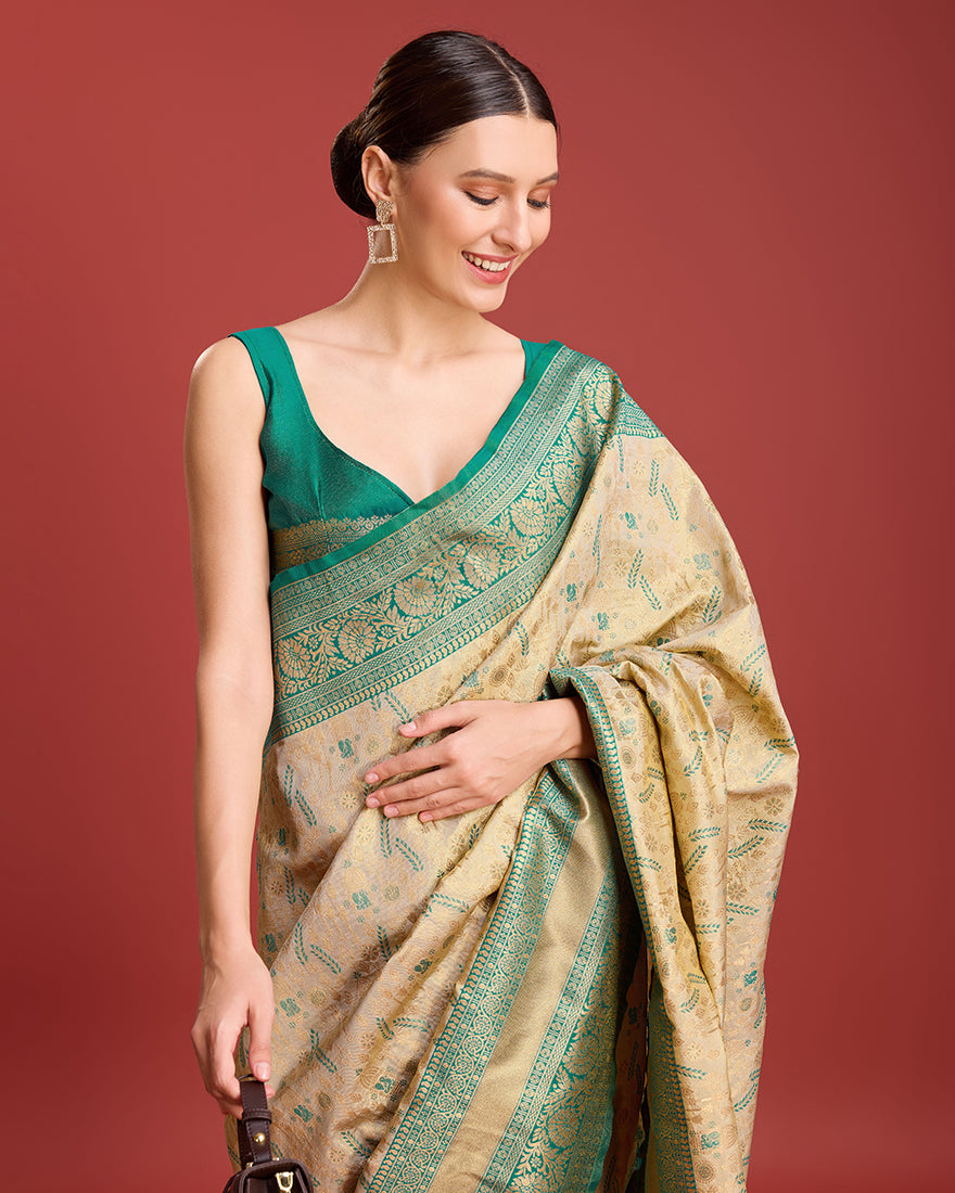 Monjolika Fashion Glamour And Tradition With This Beige Color Zari Woven Banarasi Tissue Silk Saree - Distacart