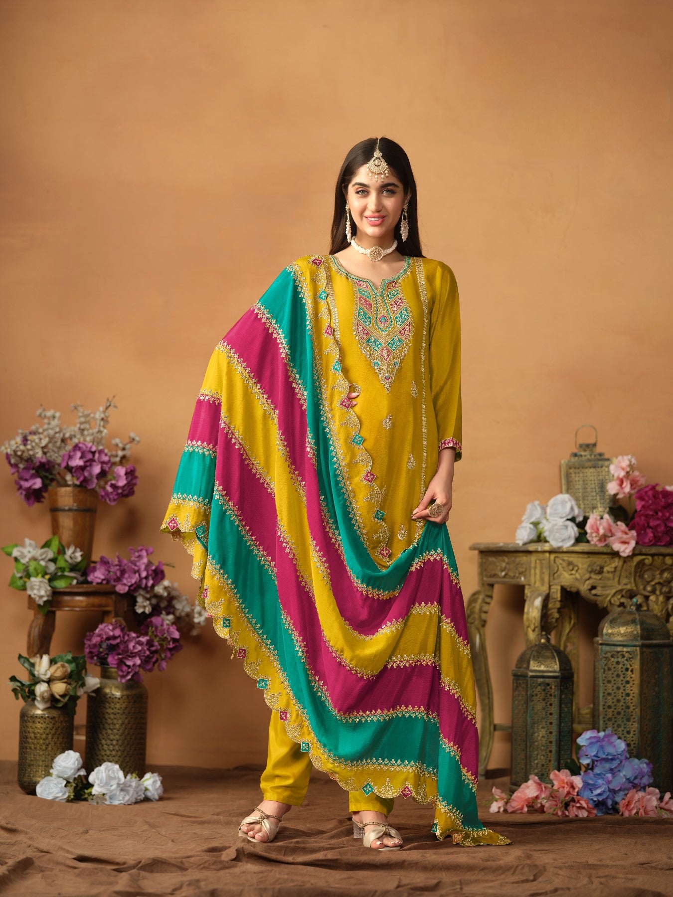 Anaita Mustard Embroidered Soft Organza Salwar Suit - Distacart